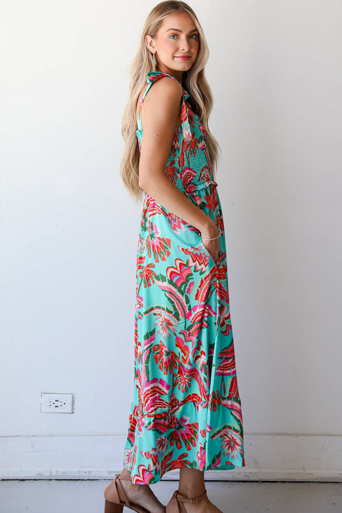 Abstract Smocked Bodice Knotted Strap Ruffled Maxi Dress