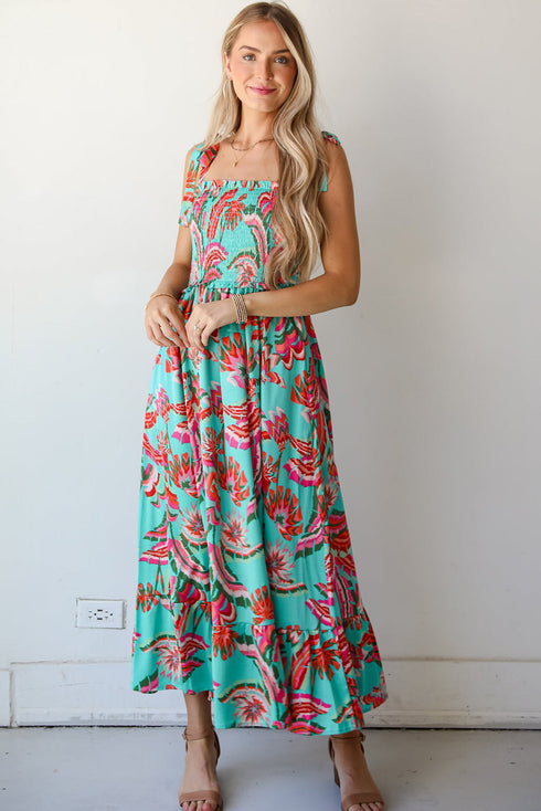 Abstract Smocked Bodice Knotted Strap Ruffled Maxi Dress
