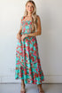 Abstract Smocked Bodice Knotted Strap Ruffled Maxi Dress