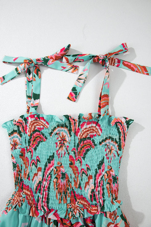 Abstract Smocked Bodice Knotted Strap Ruffled Maxi Dress