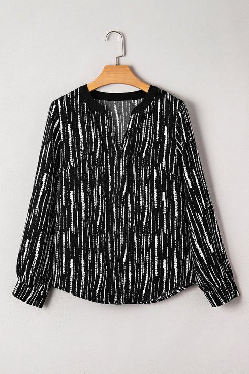 Abstract Stripe Contrast Collar Cuff Trim V Neck Blouse