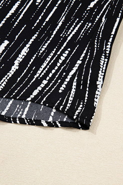 Abstract Stripe Contrast Collar Cuff Trim V Neck Blouse