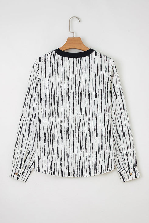 Abstract Stripe Contrast Collar Cuff Trim V Neck Blouse