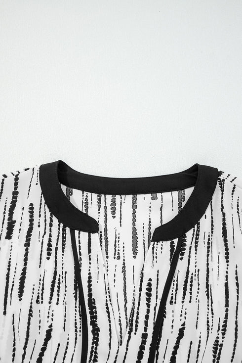 Abstract Stripe Contrast Collar Cuff Trim V Neck Blouse