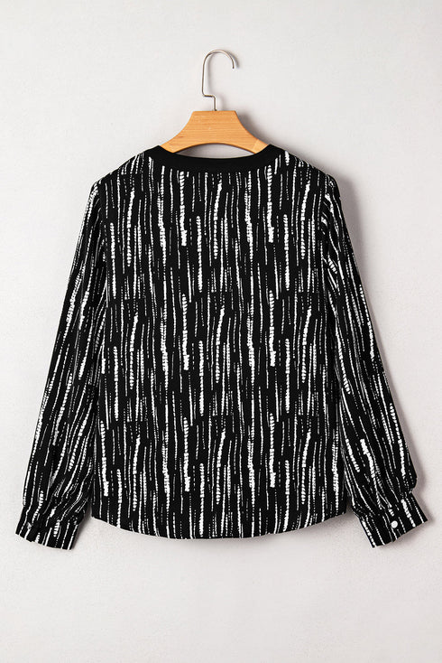 Abstract Stripe Contrast Collar Cuff Trim V Neck Blouse