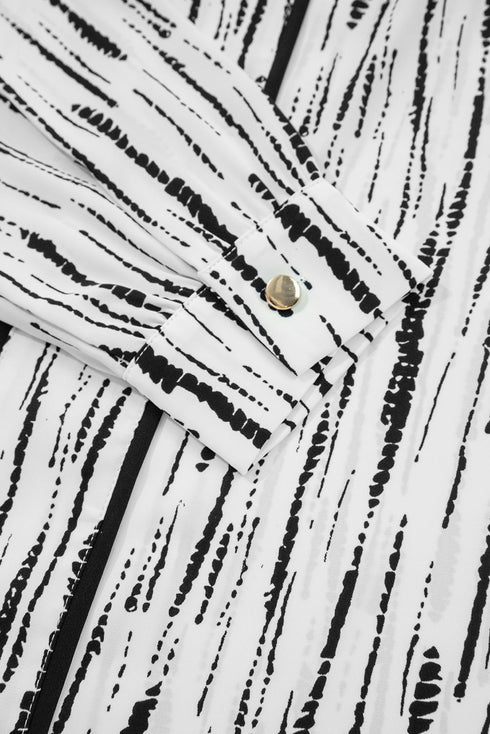 Abstract Stripe Contrast Collar Cuff Trim V Neck Blouse