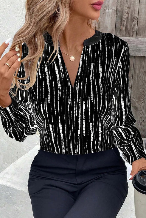 Abstract Stripe Contrast Collar Cuff Trim V Neck Blouse