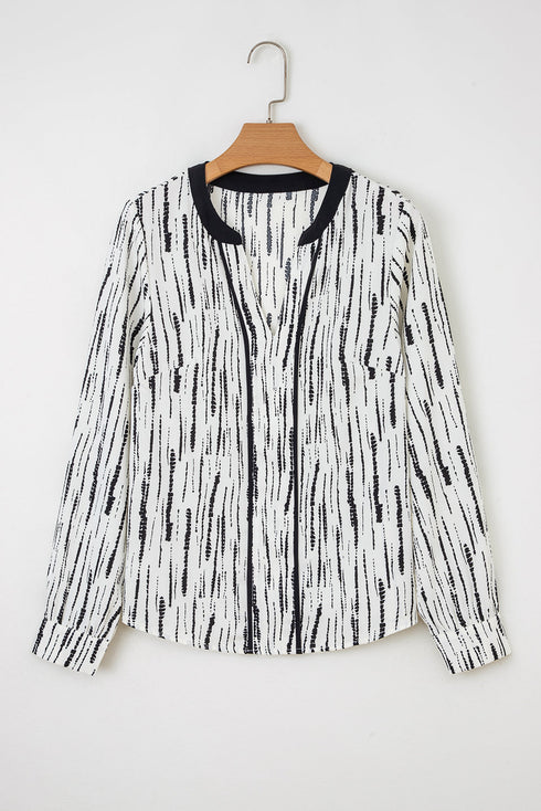 Abstract Stripe Contrast Collar Cuff Trim V Neck Blouse