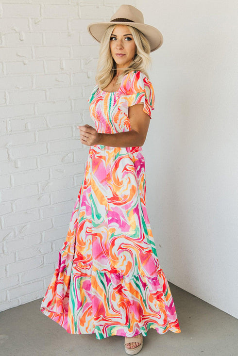 Abstract Swirl Print Smocked Bodice Flutter Sleeve Maxi Dress