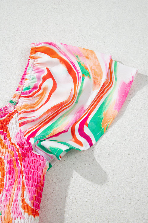 Abstract Swirl Print Smocked Bodice Flutter Sleeve Maxi Dress