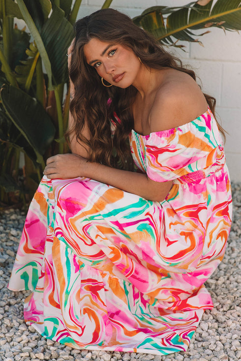 Abstract Swirl Print Smocked Bodice Flutter Sleeve Maxi Dress