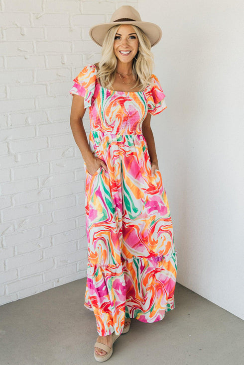Abstract Swirl Print Smocked Bodice Flutter Sleeve Maxi Dress