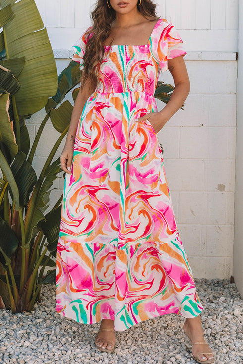 Abstract Swirl Print Smocked Bodice Flutter Sleeve Maxi Dress