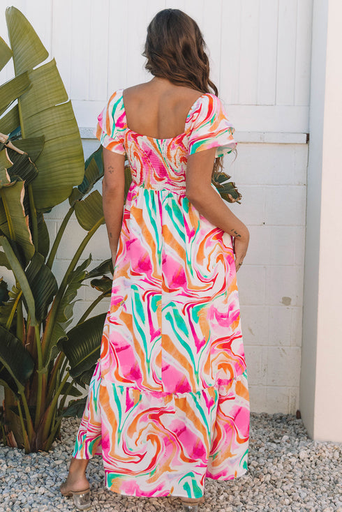 Abstract Swirl Print Smocked Bodice Flutter Sleeve Maxi Dress