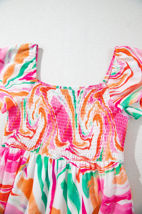 Abstract Swirl Print Smocked Bodice Flutter Sleeve Maxi Dress