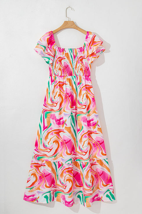 Abstract Swirl Print Smocked Bodice Flutter Sleeve Maxi Dress