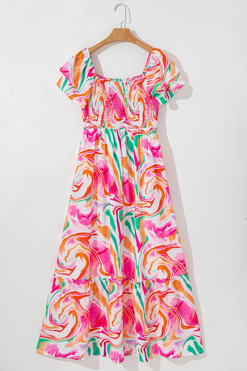 Abstract Swirl Print Smocked Bodice Flutter Sleeve Maxi Dress