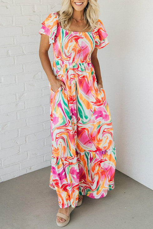Abstract Swirl Print Smocked Bodice Flutter Sleeve Maxi Dress