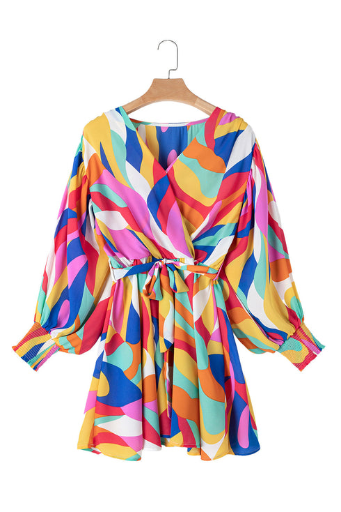 Abstract Swirl Print Surplice Tie Waist Dress