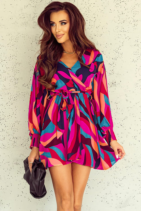 Abstract Swirl Print Surplice Tie Waist Dress