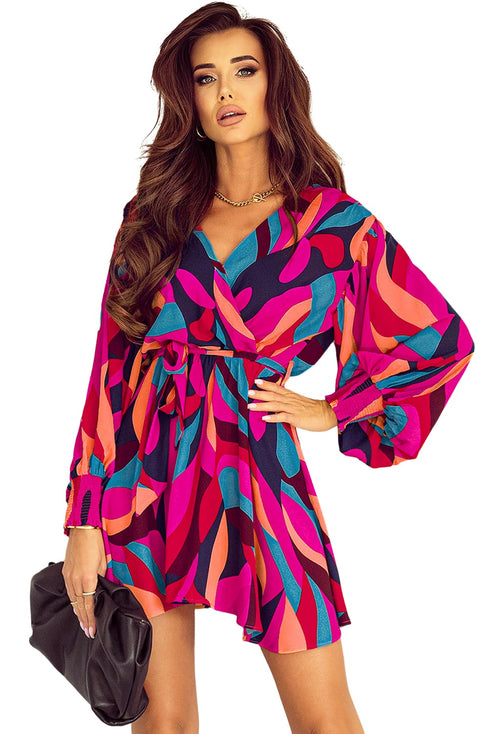 Abstract Swirl Print Surplice Tie Waist Dress