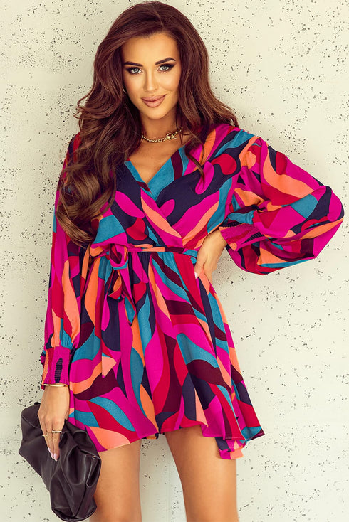 Abstract Swirl Print Surplice Tie Waist Dress