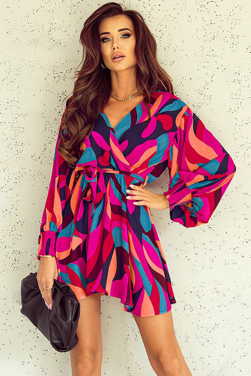 Abstract Swirl Print Surplice Tie Waist Dress