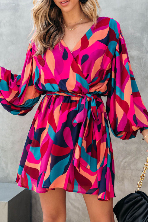 Abstract Swirl Print Surplice Tie Waist Dress