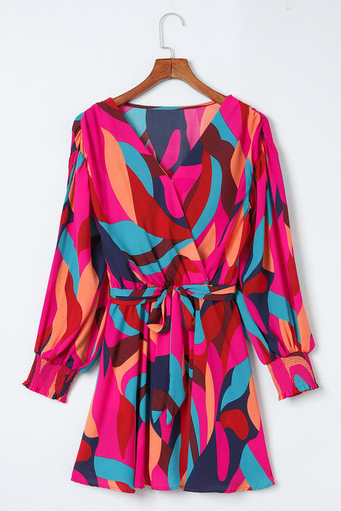 Abstract Swirl Print Surplice Tie Waist Dress