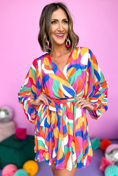 Abstract Swirl Print Surplice Tie Waist Dress