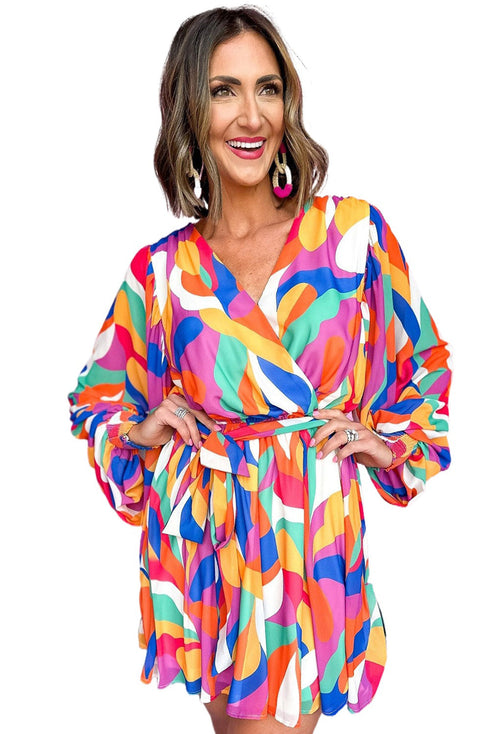 Abstract Swirl Print Surplice Tie Waist Dress