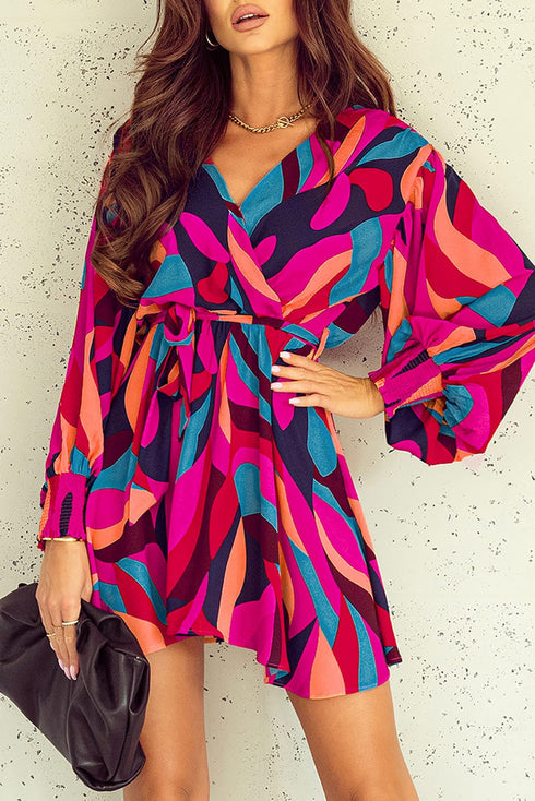 Abstract Swirl Print Surplice Tie Waist Dress
