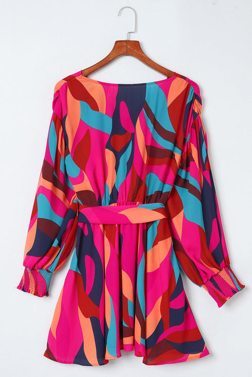 Abstract Swirl Print Surplice Tie Waist Dress