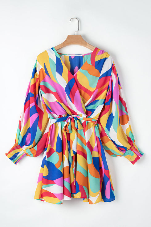 Abstract Swirl Print Surplice Tie Waist Dress