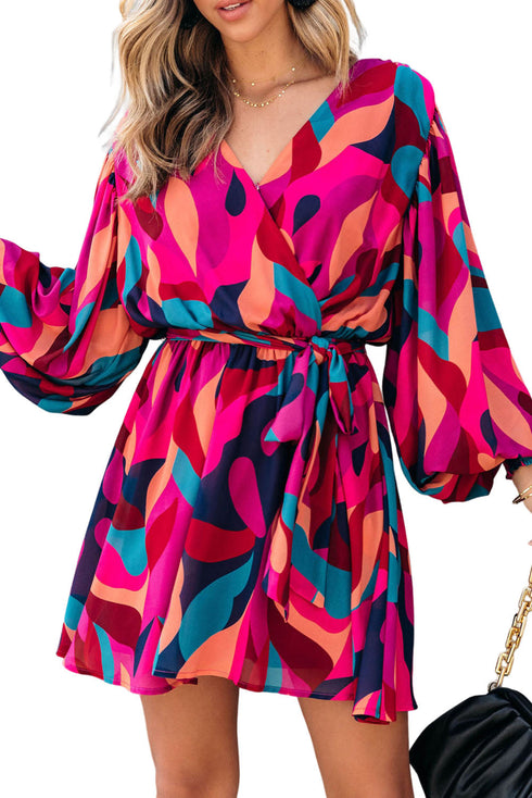Abstract Swirl Print Surplice Tie Waist Dress