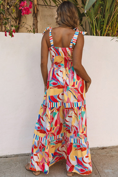 Abstract Swirl Print Tiered Tie Shoulder Maxi Dress