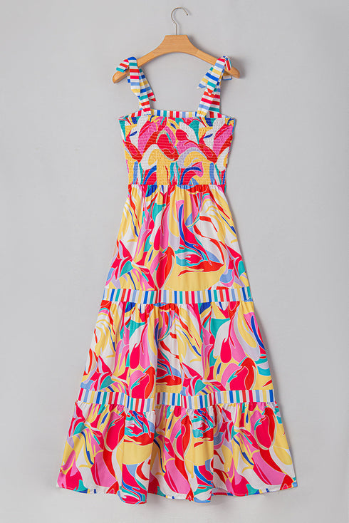 Abstract Swirl Print Tiered Tie Shoulder Maxi Dress