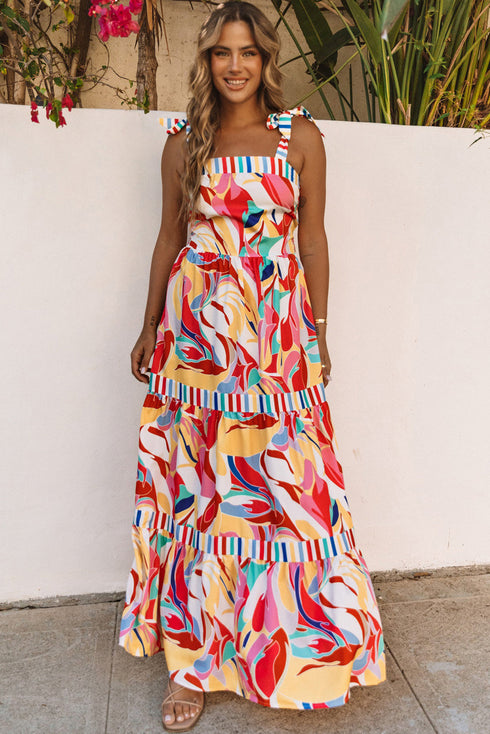Abstract Swirl Print Tiered Tie Shoulder Maxi Dress