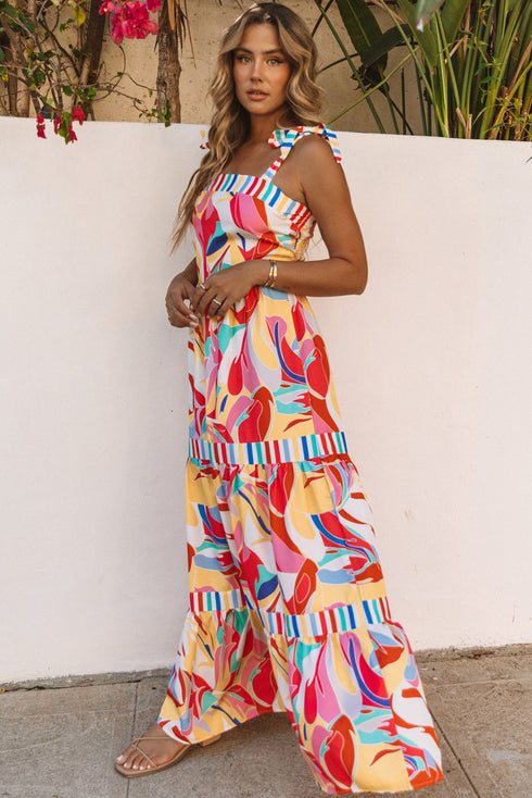 Abstract Swirl Print Tiered Tie Shoulder Maxi Dress