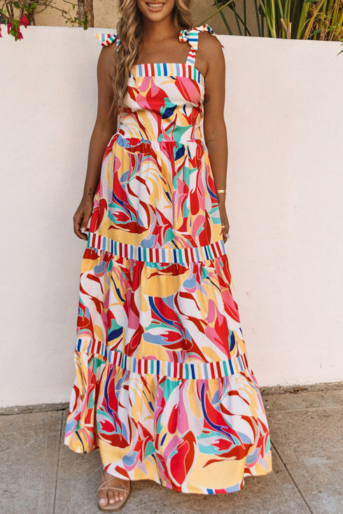 Abstract Swirl Print Tiered Tie Shoulder Maxi Dress