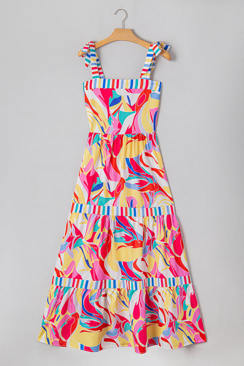 Abstract Swirl Print Tiered Tie Shoulder Maxi Dress
