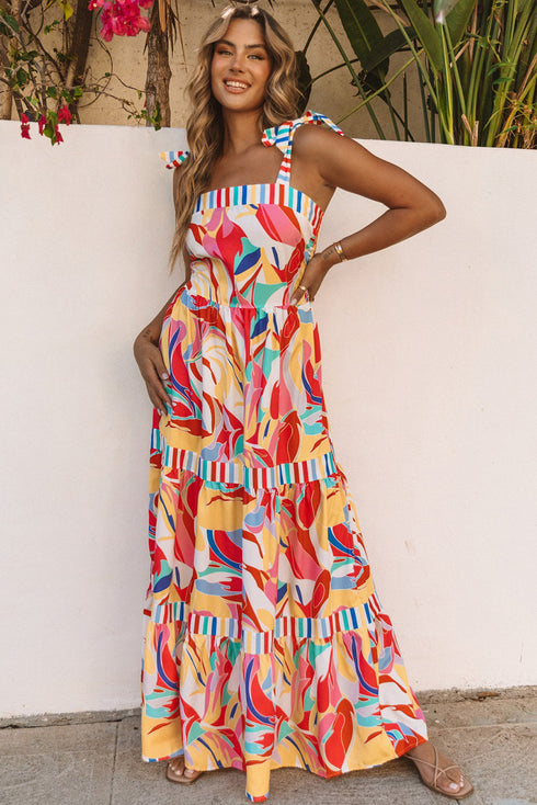 Abstract Swirl Print Tiered Tie Shoulder Maxi Dress