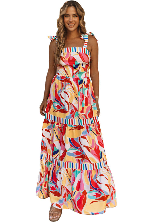 Abstract Swirl Print Tiered Tie Shoulder Maxi Dress