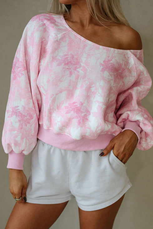 Abstract Woodland Graphic Asymmetrical Neck Long Sleeve Top