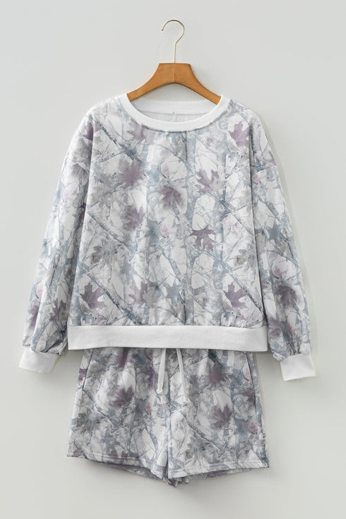 Abstract Woodland Print Baggy Pullover Drawstring Short Sets