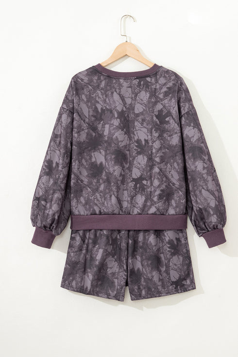 Abstract Woodland Print Baggy Pullover Drawstring Short Sets