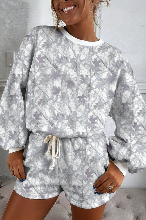 Abstract Woodland Print Baggy Pullover Drawstring Short Sets