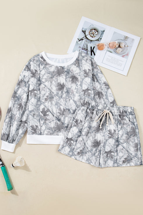 Abstract Woodland Print Baggy Pullover Drawstring Short Sets