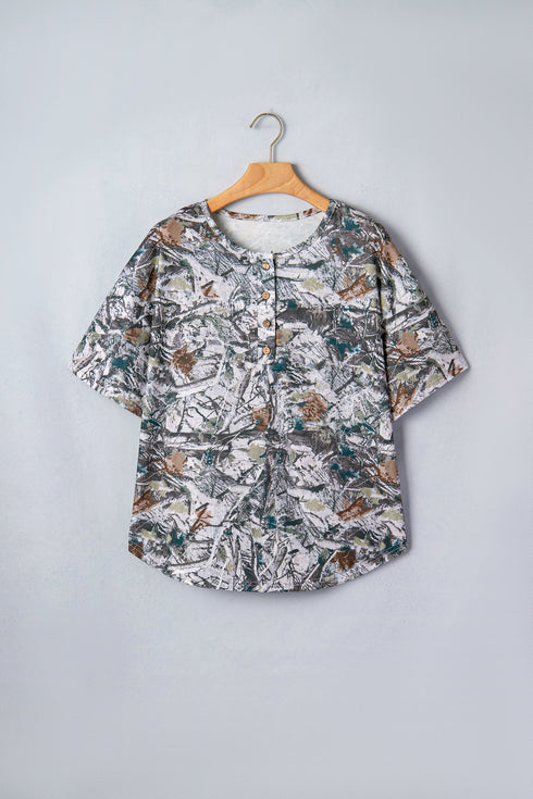 Abstract Woodland Print Western Henley Tunic Shirt