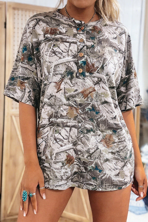 Abstract Woodland Print Western Henley Tunic Shirt
